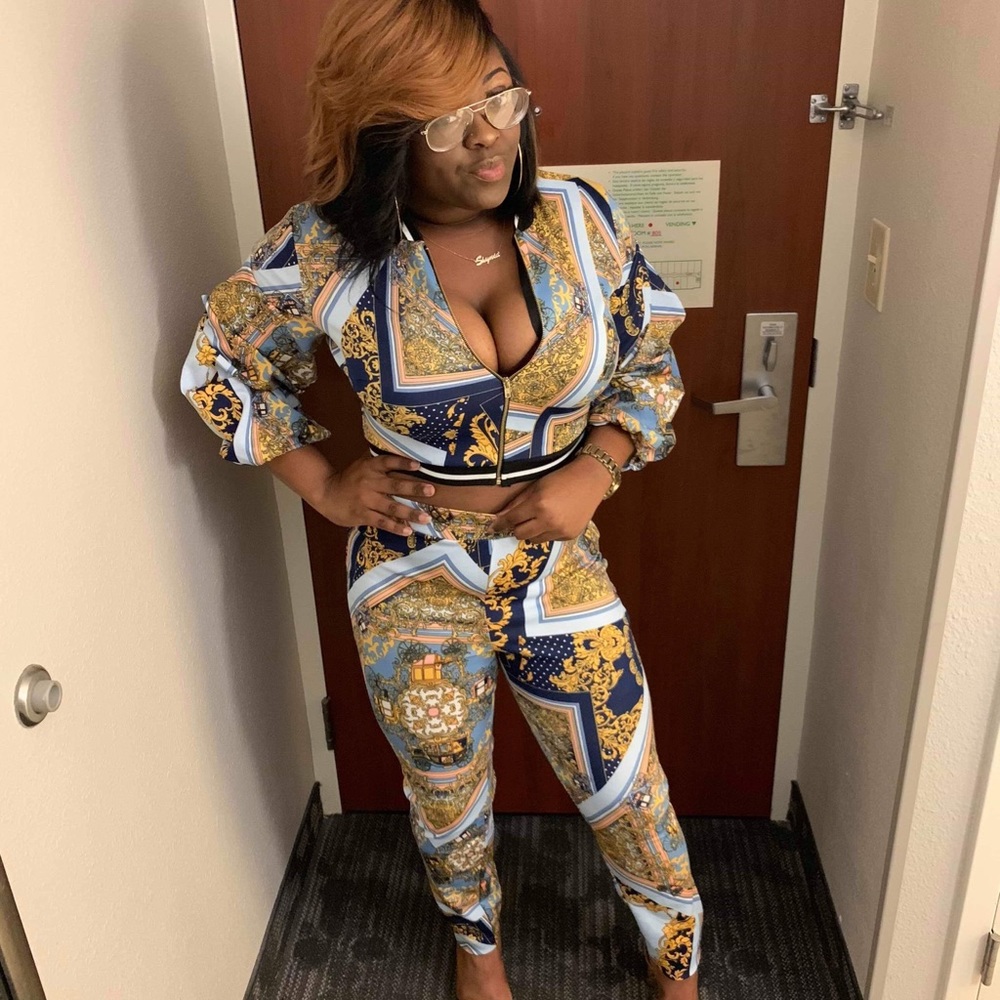 Patterned two piece jacket and pant set